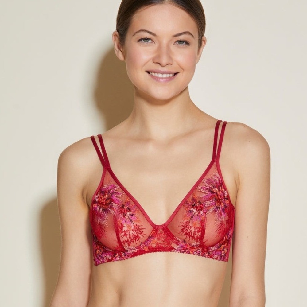 Cosabella Floral Embroidered Sheer Mesh Underwire Triangle Bra Red Pink 34 B